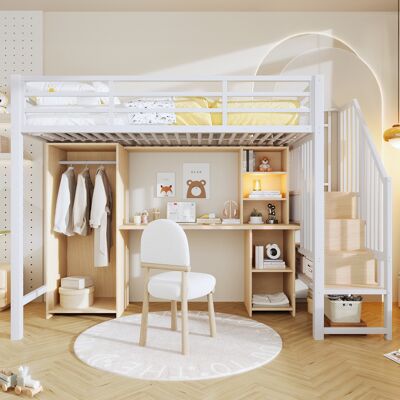 ARRIGONI Lit Mezzanine, 90 X 200 Cm, Cadre En Fer, Avec Rangement, Armoire, Bureau, Structure D’escaliers Avec Rangement, Sans Matelas, Blanc - Publicité ARRIGONI Lit Mezzanine, 90 X 200 Cm, Cadre En Fer, Avec Rangement, Armoire, Bureau, Structure D’escaliers Avec Rangement, Sans Matelas, Blanc - Publicité