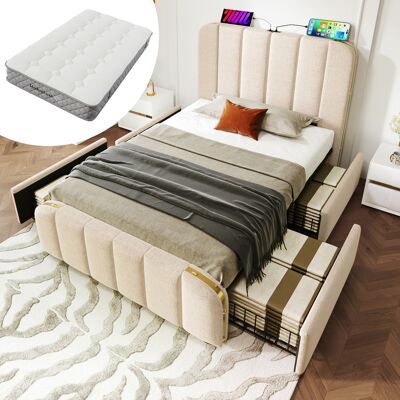 ACKERMAN Lit Simple Capitonné, Tête De Lit Rembourrée Avec Rayures Décoratives Dorées Et Fonction De Chargement Usb Type-c, 90200 Cm, Tissu En Lin Beige Avec 4 Tiroirs (avec Matelas) - Publicité ACKERMAN Lit Simple Capitonné, Tête De Lit Rembourrée Avec Rayures Décoratives Dorées Et Fonction De Chargement Usb Type-c, 90200 Cm, Tissu En Lin Beige Avec 4 Tiroirs (avec Matelas) - Publicité
