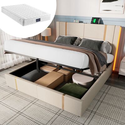 ACKERMAN Lit Double Capitonné, Fonction De Chargement Usb Type C, Contrôle Par Application, Éclairage Led, 160 X 200 Cm, Lit Coffre, Cadre De Lit, Sommier À Lattes En Bois, Revêtement En Lin Beige (matelas Inc - Publicité ACKERMAN Lit Double Capitonné, Fonction De Chargement Usb Type C, Contrôle Par Application, Éclairage Led, 160 X 200 Cm, Lit Coffre, Cadre De Lit, Sommier À Lattes En Bois, Revêtement En Lin Beige (matelas Inc - Publicité