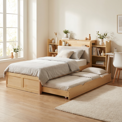 ACKERMAN 90x200cm Storage Bed With Pull-out Trundle, All-in-one Study & Sleep Bed With Upholstered Headboard, Eu Usb Port, Space-saving Design For Kids & Adults Natural - Publicité ACKERMAN 90x200cm Storage Bed With Pull-out Trundle, All-in-one Study & Sleep Bed With Upholstered Headboard, Eu Usb Port, Space-saving Design For Kids & Adults Natural - Publicité