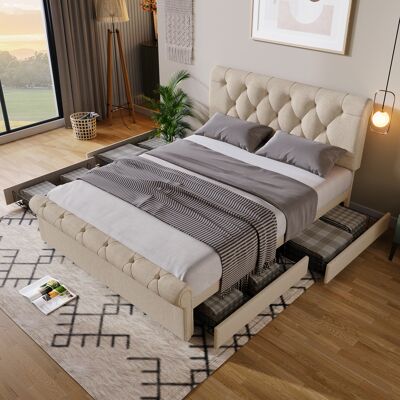 ACKERMAN Lit Double Capitonné 140 X 200 Cm, Cadre De Lit Avec 4 Tiroirs Et Tête De Lit Réglable En Hauteur, Lit Chesterfield Fonctionnel, Naturel, Sans Matelas - Publicité ACKERMAN Lit Double Capitonné 140 X 200 Cm, Cadre De Lit Avec 4 Tiroirs Et Tête De Lit Réglable En Hauteur, Lit Chesterfield Fonctionnel, Naturel, Sans Matelas - Publicité