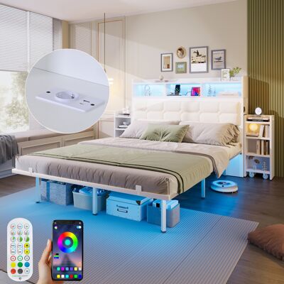 ACKERMAN Lit Double 140190 Cm Avec Sommier À Lattes Et Tête De Lit, Avec 2 Tables De Chevet Extractibles, Compartiments De Rangement, Charge Mobile (port Type-c Et Usb), Led, Blanc - Publicité ACKERMAN Lit Double 140190 Cm Avec Sommier À Lattes Et Tête De Lit, Avec 2 Tables De Chevet Extractibles, Compartiments De Rangement, Charge Mobile (port Type-c Et Usb), Led, Blanc - Publicité