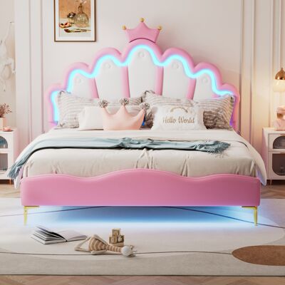 ACKERMAN Lit Double Plat 140 X 200 Cm, Lit Princesse En Forme De Couronne, Capitonage Doux En Simili Cuir, Bande Led D'Ambiance Réglable, Rose - Publicité ACKERMAN Lit Double Plat 140 X 200 Cm, Lit Princesse En Forme De Couronne, Capitonage Doux En Simili Cuir, Bande Led D'Ambiance Réglable, Rose - Publicité