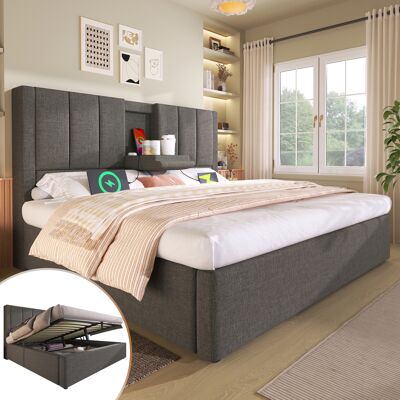ACKERMAN Lit Double Capitonné 180x200 Cm Avec Porte-gobelet Et Station De Recharge Dissimulés, Lit Hydraulique Avec Espace De Rangement Sous Le Lit, Sommier À Lattes Inclus, Gris Lin (sans Matelas) - Publicité ACKERMAN Lit Double Capitonné 180x200 Cm Avec Porte-gobelet Et Station De Recharge Dissimulés, Lit Hydraulique Avec Espace De Rangement Sous Le Lit, Sommier À Lattes Inclus, Gris Lin (sans Matelas) - Publicité
