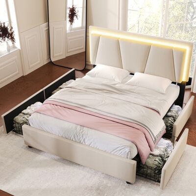 ACKERMAN Lit Capitonné Avec Éclairage Led Et 4 Tiroirs, Tête De Lit Réglable En Hauteur, Lit Double 160x200cm, Cadre De Lit Avec Rangement, Sommier À Lattes En Bois, Beige (matelas Non Inclus) - Publicité ACKERMAN Lit Capitonné Avec Éclairage Led Et 4 Tiroirs, Tête De Lit Réglable En Hauteur, Lit Double 160x200cm, Cadre De Lit Avec Rangement, Sommier À Lattes En Bois, Beige (matelas Non Inclus) - Publicité