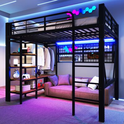 LEMONBEST Lit Mezzanine 140x200 Cm Avec Rangements, Étagère, Penderie, Filet Suspendu, Espace Ouvert Sous Le Lit, Éclairage Led, Métal, Noir - Publicité LEMONBEST Lit Mezzanine 140x200 Cm Avec Rangements, Étagère, Penderie, Filet Suspendu, Espace Ouvert Sous Le Lit, Éclairage Led, Métal, Noir - Publicité