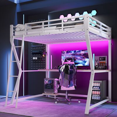 ACKERMAN Lit Mezzanine 140200 Cm, Avec Led, Étagère Pour Console De Jeu, Bureau, Prises+usb, Rambarde, Escalier, Sans Matelas, Blanc - Publicité ACKERMAN Lit Mezzanine 140200 Cm, Avec Led, Étagère Pour Console De Jeu, Bureau, Prises+usb, Rambarde, Escalier, Sans Matelas, Blanc - Publicité
