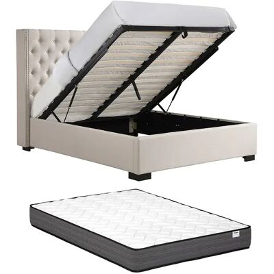 VENTE-UNIQUE Lit Coffre 180 X 200 Cm Avec Tête De Lit Capitonnée - Tissu - Beige + Matelas - Massimo - Publicité VENTE-UNIQUE Lit Coffre 180 X 200 Cm Avec Tête De Lit Capitonnée - Tissu - Beige + Matelas - Massimo - Publicité