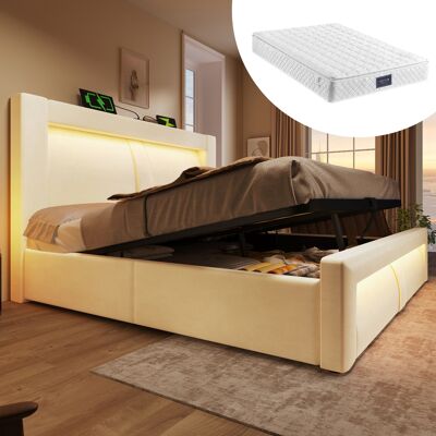 ACKERMAN Lit Double 160x200 Cm Avec Espace De Rangement, Sommier Hydraulique, Éclairage Led Contrôlable Par Application, Ports De Chargement Usb Et Type-c, Velours, Tête De Lit Incurvée, Beige, Avec Matelas - Publicité ACKERMAN Lit Double 160x200 Cm Avec Espace De Rangement, Sommier Hydraulique, Éclairage Led Contrôlable Par Application, Ports De Chargement Usb Et Type-c, Velours, Tête De Lit Incurvée, Beige, Avec Matelas - Publicité