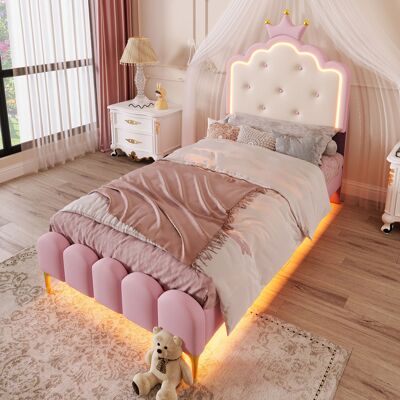 LEMONBEST Lit Enfant Princesse 90x200cm - Tête De Lit Couronne - Tissu Pu Facile À Nettoyer - Led Intégrée - Pieds Métal - Capacité 150kg - Rose - Publicité LEMONBEST Lit Enfant Princesse 90x200cm - Tête De Lit Couronne - Tissu Pu Facile À Nettoyer - Led Intégrée - Pieds Métal - Capacité 150kg - Rose - Publicité