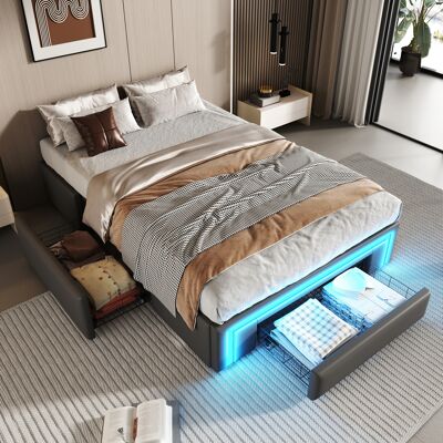 ACKERMAN Cadre De Lit 90x200 Avec Tiroirs, Lit En Pu Sans Tête De Lit Avec Bandeau Led, Lit Plateforme Métallique Pour Chambre Moderne, Gris - Publicité ACKERMAN Cadre De Lit 90x200 Avec Tiroirs, Lit En Pu Sans Tête De Lit Avec Bandeau Led, Lit Plateforme Métallique Pour Chambre Moderne, Gris - Publicité