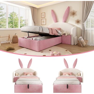 ACKERMAN Lit Enfant 90x200 Cm, Lit Capitonné Avec Rangement Hydraulique, Table De Chevet Et Motif Oreilles De Lapin, Velours, Beige Et Rose (sans Matelas) - Publicité ACKERMAN Lit Enfant 90x200 Cm, Lit Capitonné Avec Rangement Hydraulique, Table De Chevet Et Motif Oreilles De Lapin, Velours, Beige Et Rose (sans Matelas) - Publicité