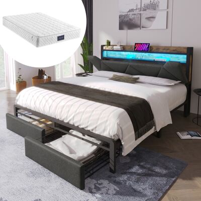 ACKERMAN Lit Rembourré Avec Fonction De Chargement Usb Type-c, Tête De Lit Avec Rangement, Éclairage Led Et Tiroirs Lit Double 160 X 200 Cm Cadre De Lit Coffre Avec Sommier À Lattes Métalliques Gris (avec M - Publicité ACKERMAN Lit Rembourré Avec Fonction De Chargement Usb Type-c, Tête De Lit Avec Rangement, Éclairage Led Et Tiroirs Lit Double 160 X 200 Cm Cadre De Lit Coffre Avec Sommier À Lattes Métalliques Gris (avec M - Publicité