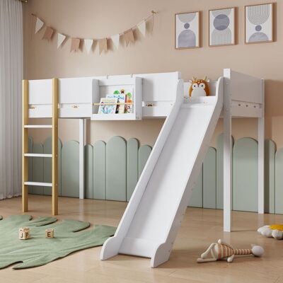 ACKERMAN Lit Mezzanine, Lit Superposé Avec Échelle Droite À Trois Marches, Lit D'Enfant, Lit Jeune Avec Toboggan, Avec Étagère Amovible, Pin + Mdf, Blanc + Naturel, 90 X 200 Cm - Publicité ACKERMAN Lit Mezzanine, Lit Superposé Avec Échelle Droite À Trois Marches, Lit D'Enfant, Lit Jeune Avec Toboggan, Avec Étagère Amovible, Pin + Mdf, Blanc + Naturel, 90 X 200 Cm - Publicité