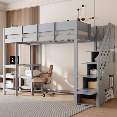 ACKERMAN Lit Mezzanine Multifonctionnel Avec Rangement Lit Mezzanine Avec Étagère 90 X 200 Cm, Cadre De Lit En Bois De Pin Massif Avec Sommier À Lattes, Lit Pour Enfants Et Adolescents, Gris - Publicité ACKERMAN Lit Mezzanine Multifonctionnel Avec Rangement Lit Mezzanine Avec Étagère 90 X 200 Cm, Cadre De Lit En Bois De Pin Massif Avec Sommier À Lattes, Lit Pour Enfants Et Adolescents, Gris - Publicité