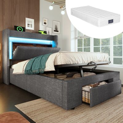 ACKERMAN Lit Capitonné 90x200 Cm Avec Rangement Hydraulique Et Tête De Lit Avec Compartiment De Rangement, Éclairage Led Et Ports Usb Et Usb-c, Sommier À Lattes En Bois, Gris, Lin, Avec Matelas - Publicité ACKERMAN Lit Capitonné 90x200 Cm Avec Rangement Hydraulique Et Tête De Lit Avec Compartiment De Rangement, Éclairage Led Et Ports Usb Et Usb-c, Sommier À Lattes En Bois, Gris, Lin, Avec Matelas - Publicité