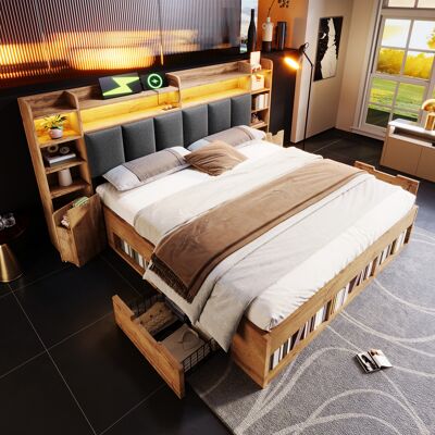 ACKERMAN Lit Double 160x200 Cm, Finition Chêne, Tête De Lit Capitonnée Avec Éclairage Led, Tables De Chevet Avec Ports Usb Et Type-c, Espace De Rangement Et Tiroirs À Roulettes, Sommier À Lattes En Bois (matel - Publicité ACKERMAN Lit Double 160x200 Cm, Finition Chêne, Tête De Lit Capitonnée Avec Éclairage Led, Tables De Chevet Avec Ports Usb Et Type-c, Espace De Rangement Et Tiroirs À Roulettes, Sommier À Lattes En Bois (matel - Publicité