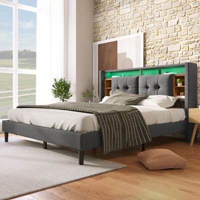 LEMONBEST Lit Coffre 160x200 Cm Gris Avec Led, Usb, Tête De Lit Avec Rangement, Sommier À Lattes Bois, Sans Matelas - Publicité LEMONBEST Lit Coffre 160x200 Cm Gris Avec Led, Usb, Tête De Lit Avec Rangement, Sommier À Lattes Bois, Sans Matelas - Publicité