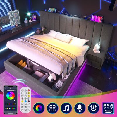 ACKERMAN Lit Rembourré 180x200, Lit Double Avec Rangement, Éclairage Led Contrôlé Par Application Et Fonction De Chargement Usb-c, Cadre De Lit À Lattes, Lin, Gris, Sans Matelas Ni Table De Chevet - Publicité ACKERMAN Lit Rembourré 180x200, Lit Double Avec Rangement, Éclairage Led Contrôlé Par Application Et Fonction De Chargement Usb-c, Cadre De Lit À Lattes, Lin, Gris, Sans Matelas Ni Table De Chevet - Publicité