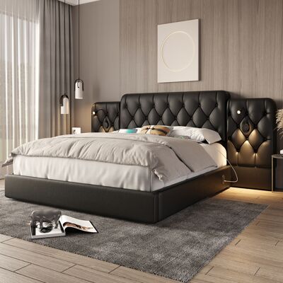 ACKERMAN Cadre De Lit Avec Tête De Lit Long, Matériau En Velours Tendance, Plusieurs Ports Usb, Lampe De Bureau, Système Hydraulique, Rangement Extra Grand En Bas, 160 X 200 Cm, Noir - Publicité ACKERMAN Cadre De Lit Avec Tête De Lit Long, Matériau En Velours Tendance, Plusieurs Ports Usb, Lampe De Bureau, Système Hydraulique, Rangement Extra Grand En Bas, 160 X 200 Cm, Noir - Publicité
