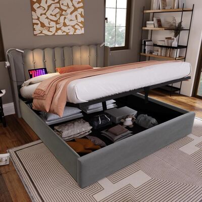 OEM Lit Double Capitonné Avec Liseuse, Fonction De Chargement, Tête De Lit, Espace De Rangement, Cadre De Lit, Velours, Lit Junior 160x200 Avec Sommier À Lattes, Gris (sans Matelas), Garantie 2 Ans - Publicité OEM Lit Double Capitonné Avec Liseuse, Fonction De Chargement, Tête De Lit, Espace De Rangement, Cadre De Lit, Velours, Lit Junior 160x200 Avec Sommier À Lattes, Gris (sans Matelas), Garantie 2 Ans - Publicité