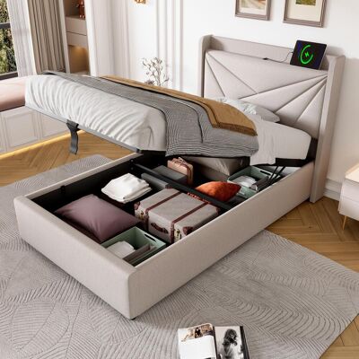 OEM Lit Rembourré, Lit Simple Avec Rangement, Coffre De Lit Avec Fonction De Chargement Usb Type C, Tête De Lit, Lits Coffres, Cadre De Lit En Lin, Lit Enfant 90x200 Avec Sommier À Lattes (sans Matelas) - Publicité OEM Lit Rembourré, Lit Simple Avec Rangement, Coffre De Lit Avec Fonction De Chargement Usb Type C, Tête De Lit, Lits Coffres, Cadre De Lit En Lin, Lit Enfant 90x200 Avec Sommier À Lattes (sans Matelas) - Publicité