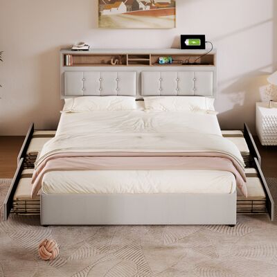 ACKERMAN Lit Double Avec 4 Tiroirs Et Prise Usb C, Lit Rembourré 160x200cm, Tête De Lit Réglable En Hauteur, Cadre À Lattes En Bois (sans Matelas) - Publicité ACKERMAN Lit Double Avec 4 Tiroirs Et Prise Usb C, Lit Rembourré 160x200cm, Tête De Lit Réglable En Hauteur, Cadre À Lattes En Bois (sans Matelas) - Publicité
