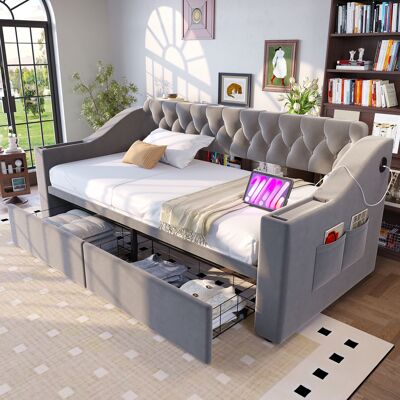 ACKERMAN Lit Capitonné Canapé-lit 90190 Cm, Accoudoirs Larges Et Épais Avec Port De Charge, Surfaces Intégrées Dans Les Accoudoirs, Poches Latérales, Tiroir De Rangement, Velours, Gris Clair - Publicité ACKERMAN Lit Capitonné Canapé-lit 90190 Cm, Accoudoirs Larges Et Épais Avec Port De Charge, Surfaces Intégrées Dans Les Accoudoirs, Poches Latérales, Tiroir De Rangement, Velours, Gris Clair - Publicité