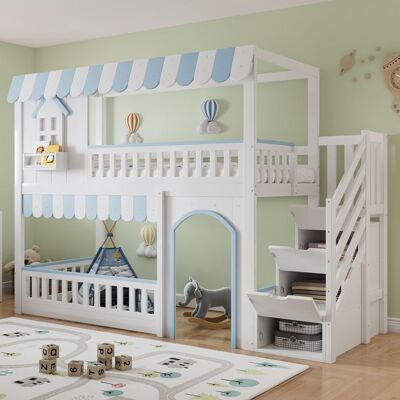 OEM Lit Superposé - Modèle 90x200 - Placard Sous Escalier - Sommier À Lattes - Pin & Mdf, Blanc/bleu - Publicité OEM Lit Superposé - Modèle 90x200 - Placard Sous Escalier - Sommier À Lattes - Pin & Mdf, Blanc/bleu - Publicité