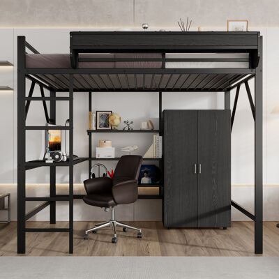 ACKERMAN Lit En Fer, Lit Mezzanine, Rangement Superposé Sous Le Bureau, Lit Supérieur Avec Rangement, Avec Armoire, Fer + Mdf, Noir, 140x200cm - Publicité ACKERMAN Lit En Fer, Lit Mezzanine, Rangement Superposé Sous Le Bureau, Lit Supérieur Avec Rangement, Avec Armoire, Fer + Mdf, Noir, 140x200cm - Publicité