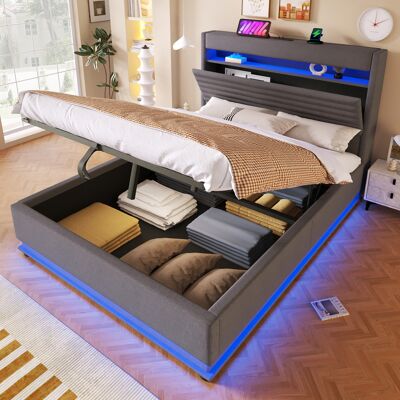 LEMONBEST Lit Coffre 140x200 Cm, Led, Usb/type-c, Rangement Hydraulique, Coffre Relevable, Commande App, Lin, Sans Matelas, Gris - Publicité LEMONBEST Lit Coffre 140x200 Cm, Led, Usb/type-c, Rangement Hydraulique, Coffre Relevable, Commande App, Lin, Sans Matelas, Gris - Publicité