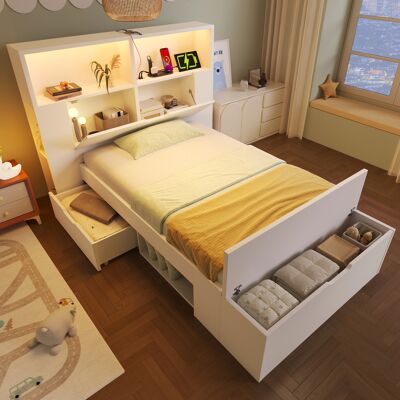ACKERMAN Lit Simple En Bois Blanc 90x200 Cm Avec Rangements, Éclairage Led, Ports De Chargement Usb, Tiroirs, Banquette, Étagères Et Sommier À Lattes, Idéal Pour Une Chambre D'Enfant/adolescent. Matelas Non In - Publicité ACKERMAN Lit Simple En Bois Blanc 90x200 Cm Avec Rangements, Éclairage Led, Ports De Chargement Usb, Tiroirs, Banquette, Étagères Et Sommier À Lattes, Idéal Pour Une Chambre D'Enfant/adolescent. Matelas Non In - Publicité