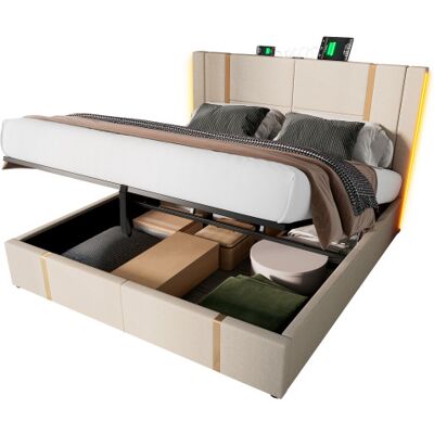 Generic Lit Rembourré Lit Double Fonction De Charge Usb Type C Contrôle App Led 160×200 Lits De Rangement Cadre De Lit,sommier À Lattes En Bois,matière Lin Beige (sans Matelas) - Publicité Generic Lit Rembourré Lit Double Fonction De Charge Usb Type C Contrôle App Led 160×200 Lits De Rangement Cadre De Lit,sommier À Lattes En Bois,matière Lin Beige (sans Matelas) - Publicité