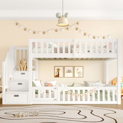LEMONBEST Lit Mezzanine Bas Enfant 90x200 Avec Escalier Rangement Barrières Pin Mdf Blanc - Publicité LEMONBEST Lit Mezzanine Bas Enfant 90x200 Avec Escalier Rangement Barrières Pin Mdf Blanc - Publicité
