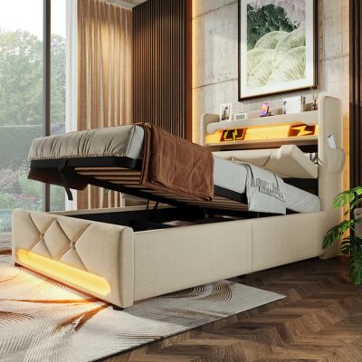 ACKERMAN Lit Simple Capitonné 90200, Tête De Lit Avec Rangement, Ports Usb Et Type C, Éclairage Led À 360° Autour De La Tête Et Du Pied Du Lit, Avec Rangement Hydraulique, Beige, Lin (matelas Non Inclus) - Publicité ACKERMAN Lit Simple Capitonné 90200, Tête De Lit Avec Rangement, Ports Usb Et Type C, Éclairage Led À 360° Autour De La Tête Et Du Pied Du Lit, Avec Rangement Hydraulique, Beige, Lin (matelas Non Inclus) - Publicité