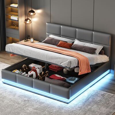 ACKERMAN Lit Capitonné 160 X 200 Cm Avec Led, Sommier À Lattes En Métal Et Coffre De Lit, Lit Double Avec Tête De Lit Capitonnée Réglable En Hauteur Et Rangement Hydraulique, Gris (sans Matelas) - Publicité ACKERMAN Lit Capitonné 160 X 200 Cm Avec Led, Sommier À Lattes En Métal Et Coffre De Lit, Lit Double Avec Tête De Lit Capitonnée Réglable En Hauteur Et Rangement Hydraulique, Gris (sans Matelas) - Publicité