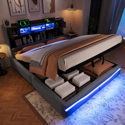 ACKERMAN Lit Capitonné 160x200cm, Avec Prise Usb C Fonction De Charge, Bandes D'Éclairage D'Ambiance Sous Le Lit, Tête De Lit Avec Compartiment De Rangement, Lit Hydraulique Avec Rangement, Sans Matelas, Avec - Publicité ACKERMAN Lit Capitonné 160x200cm, Avec Prise Usb C Fonction De Charge, Bandes D'Éclairage D'Ambiance Sous Le Lit, Tête De Lit Avec Compartiment De Rangement, Lit Hydraulique Avec Rangement, Sans Matelas, Avec - Publicité