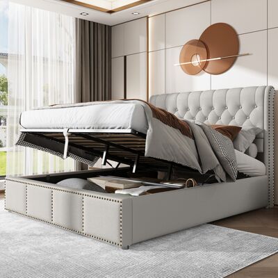ACKERMAN Lit Capitonné Coton-lin, Avec Levier Hydraulique, Rangement En Coffre, Décoration À Clous, 140 X 200 Cm, Sans Matelas - Publicité ACKERMAN Lit Capitonné Coton-lin, Avec Levier Hydraulique, Rangement En Coffre, Décoration À Clous, 140 X 200 Cm, Sans Matelas - Publicité