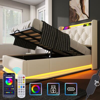 ACKERMAN Lit Simple 90x200cm Avec Rangement Hydraulique, Tête De Lit Rembourrée, Éclairage Led 360°, Revêtement Polyuréthane Blanc, Commande Bouton/app/télécommande, Port Usb-c (sans Matelas) - Publicité ACKERMAN Lit Simple 90x200cm Avec Rangement Hydraulique, Tête De Lit Rembourrée, Éclairage Led 360°, Revêtement Polyuréthane Blanc, Commande Bouton/app/télécommande, Port Usb-c (sans Matelas) - Publicité