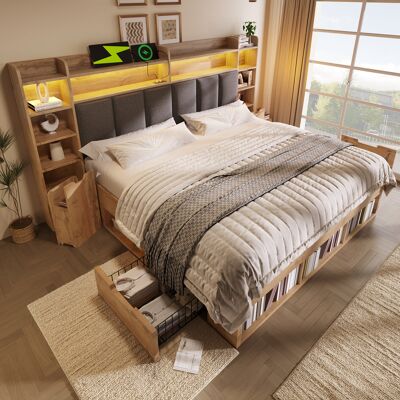 LEMONBEST Lit Double 160x200 Cm Avec Rangement, Tête De Lit Capitonnée Led, Chevets Usb/type-c, Tiroirs À Roulettes, Sommier À Lattes, Chêne - Publicité LEMONBEST Lit Double 160x200 Cm Avec Rangement, Tête De Lit Capitonnée Led, Chevets Usb/type-c, Tiroirs À Roulettes, Sommier À Lattes, Chêne - Publicité