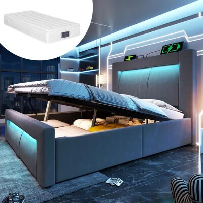 OEM Lit Coffre 90x200cm Avec Led, Usb-c Et Rangement Hydraulique - Lit 1 Place - Tête Courbée, Matelas H3, Gris - Publicité OEM Lit Coffre 90x200cm Avec Led, Usb-c Et Rangement Hydraulique - Lit 1 Place - Tête Courbée, Matelas H3, Gris - Publicité
