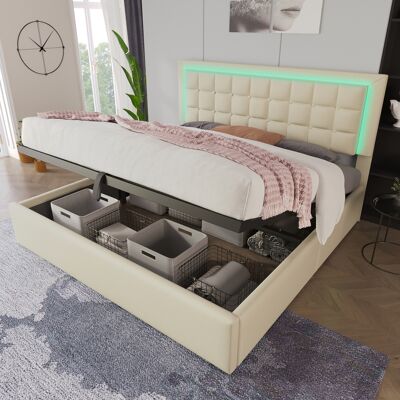 ACKERMAN Lit Double Capitonné Avec Sommier À Lattes Et Espace De Rangement, Incluant Une Bande Lumineuse Led, Dimensions Du Cadre : 160 X 200 Cm, Lit Coffre, Lit Fonctionnel, Revêtement En Similicuir Blanc, Ma - Publicité ACKERMAN Lit Double Capitonné Avec Sommier À Lattes Et Espace De Rangement, Incluant Une Bande Lumineuse Led, Dimensions Du Cadre : 160 X 200 Cm, Lit Coffre, Lit Fonctionnel, Revêtement En Similicuir Blanc, Ma - Publicité