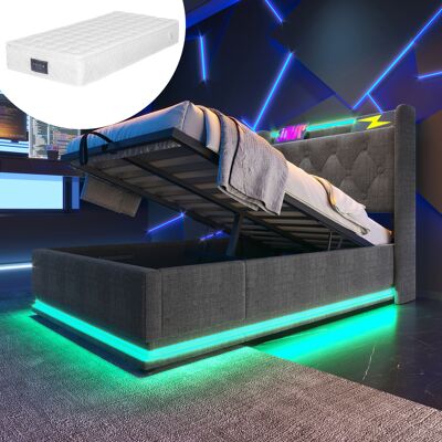 ACKERMAN Lit Simple Capitonné, Éclairage Led À 360°, Commande Par Bouton-poussoir/application/télécommande, 90 X 200 Cm, Revêtement En Lin Gris, Lit Coffre Hydraulique, Tête De Lit Rembourrée Avec Fonction De - Publicité ACKERMAN Lit Simple Capitonné, Éclairage Led À 360°, Commande Par Bouton-poussoir/application/télécommande, 90 X 200 Cm, Revêtement En Lin Gris, Lit Coffre Hydraulique, Tête De Lit Rembourrée Avec Fonction De - Publicité
