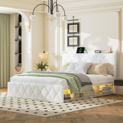 ACKERMAN Lit Capitonné 160 X 200 Cm, Pluche Blanche, Lit Double Avec Fonction De Charge Usb, Bandes Led Des Deux Côtés, Équipé De 6 Tiroirs Pratiques - Publicité ACKERMAN Lit Capitonné 160 X 200 Cm, Pluche Blanche, Lit Double Avec Fonction De Charge Usb, Bandes Led Des Deux Côtés, Équipé De 6 Tiroirs Pratiques - Publicité