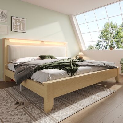 ACKERMAN Lit Double En Bois, 180×200cm, Tête De Lit Avec Espace De Rangement, Éclairage Led Et Dossier Rembourré En Velours Côtelé Beige, Cadre De Lit À Lattes En Bois, Chêne Clair (sans Matelas Ni Banc De Lit - Publicité ACKERMAN Lit Double En Bois, 180×200cm, Tête De Lit Avec Espace De Rangement, Éclairage Led Et Dossier Rembourré En Velours Côtelé Beige, Cadre De Lit À Lattes En Bois, Chêne Clair (sans Matelas Ni Banc De Lit - Publicité