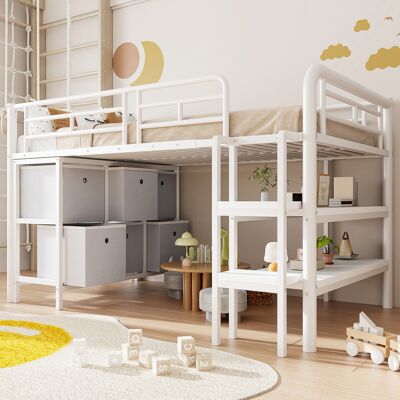 ACKERMAN Lit Enfant 90x200 Lit Mezzanine En Métal Avec Rangement, Lit Avec Large Escalier, Coins Arrondis, Tiroirs Et Étagères Pour Organisation Gain De Place Dans La Chambre D'Enfant, Blanc - Publicité ACKERMAN Lit Enfant 90x200 Lit Mezzanine En Métal Avec Rangement, Lit Avec Large Escalier, Coins Arrondis, Tiroirs Et Étagères Pour Organisation Gain De Place Dans La Chambre D'Enfant, Blanc - Publicité