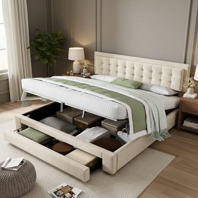 ACKERMAN Lit Avec Coffre Et Tiroirs, Tissu Velours, Lit Capitonné, Sommier À Lattes, Lit Double, Grand Espace De Rangement, 180 X 200, Beige - Publicité ACKERMAN Lit Avec Coffre Et Tiroirs, Tissu Velours, Lit Capitonné, Sommier À Lattes, Lit Double, Grand Espace De Rangement, 180 X 200, Beige - Publicité