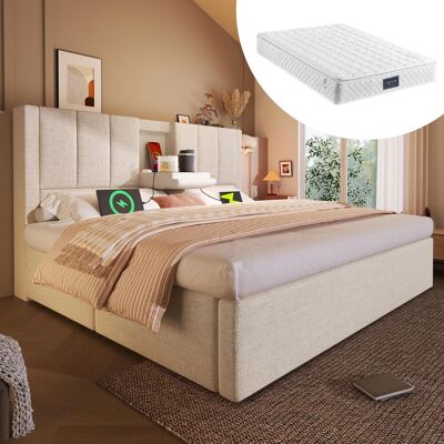 OEM Lit Double Capitonné 160x200 Cm Avec Porte-gobelet Et Station De Recharge Dissimulés, Sommier Hydraulique Avec Espace De Rangement Sous Le Lit, Sommier À Lattes Inclus, Lin Beige (avec Matelas) - Publicité OEM Lit Double Capitonné 160x200 Cm Avec Porte-gobelet Et Station De Recharge Dissimulés, Sommier Hydraulique Avec Espace De Rangement Sous Le Lit, Sommier À Lattes Inclus, Lin Beige (avec Matelas) - Publicité