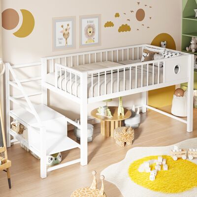 ACKERMAN Lit Mezzanine Bas Pour Enfants (90 X 200 Cm), Avec Escalier De Rangement, Cadre Métallique Stable, Adapté Pour Enfants Et Adolescents, Blanc. Publicité ACKERMAN Lit Mezzanine Bas Pour Enfants (90 X 200 Cm), Avec Escalier De Rangement, Cadre Métallique Stable, Adapté Pour Enfants Et Adolescents, Blanc. Publicité
