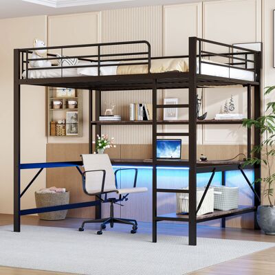 ACKERMAN Lit Mezzanine 140200 Cm, Rambarde, Escalier, Avec Usb Et Prises, Led, Bureau, Étagère Multi-niveaux, Sans Matelas, Métal, Noir - Publicité ACKERMAN Lit Mezzanine 140200 Cm, Rambarde, Escalier, Avec Usb Et Prises, Led, Bureau, Étagère Multi-niveaux, Sans Matelas, Métal, Noir - Publicité